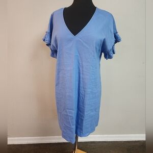 Cremieux Blue Linen Blend Shift Dress Ruffle Sleeves Size M